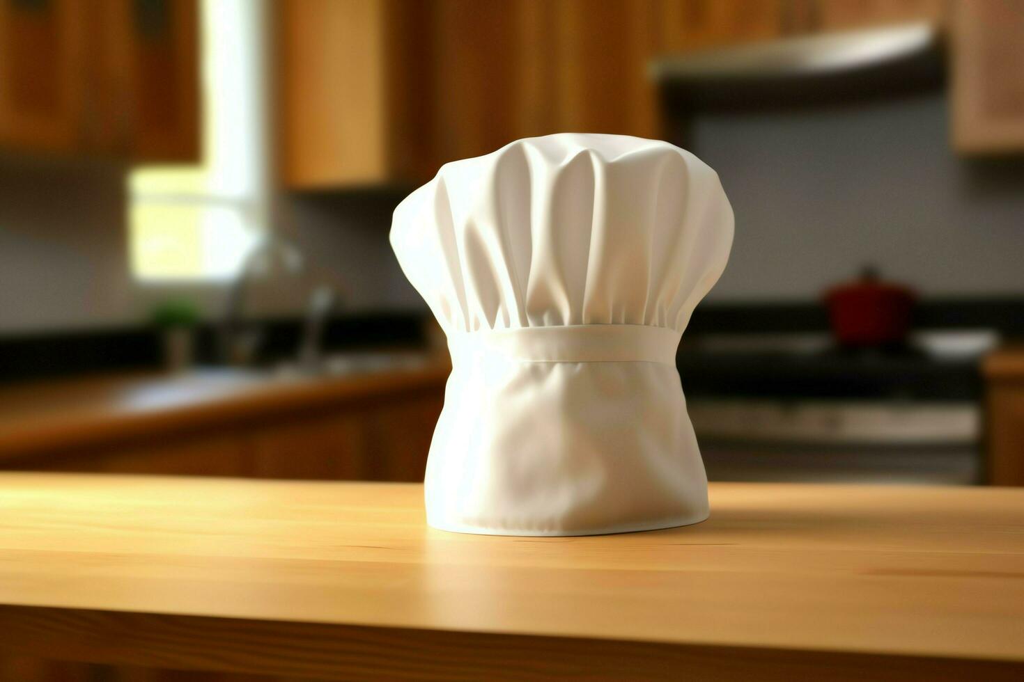 White cook hat in the kitchen table and copy space for your decoration. Advertising photography concept by AI Generated photo