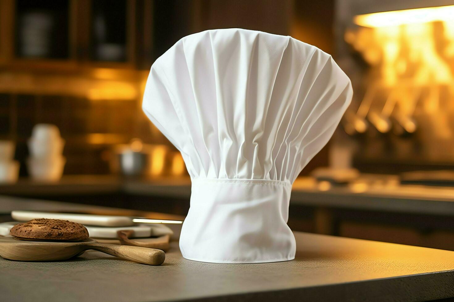 White cook hat in the kitchen table and copy space for your decoration. Advertising photography concept by AI Generated photo