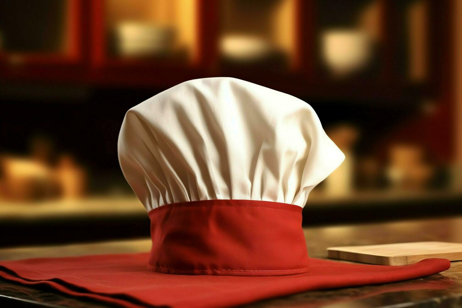 White cook hat in the kitchen table and copy space for your decoration. Advertising photography concept by AI Generated photo