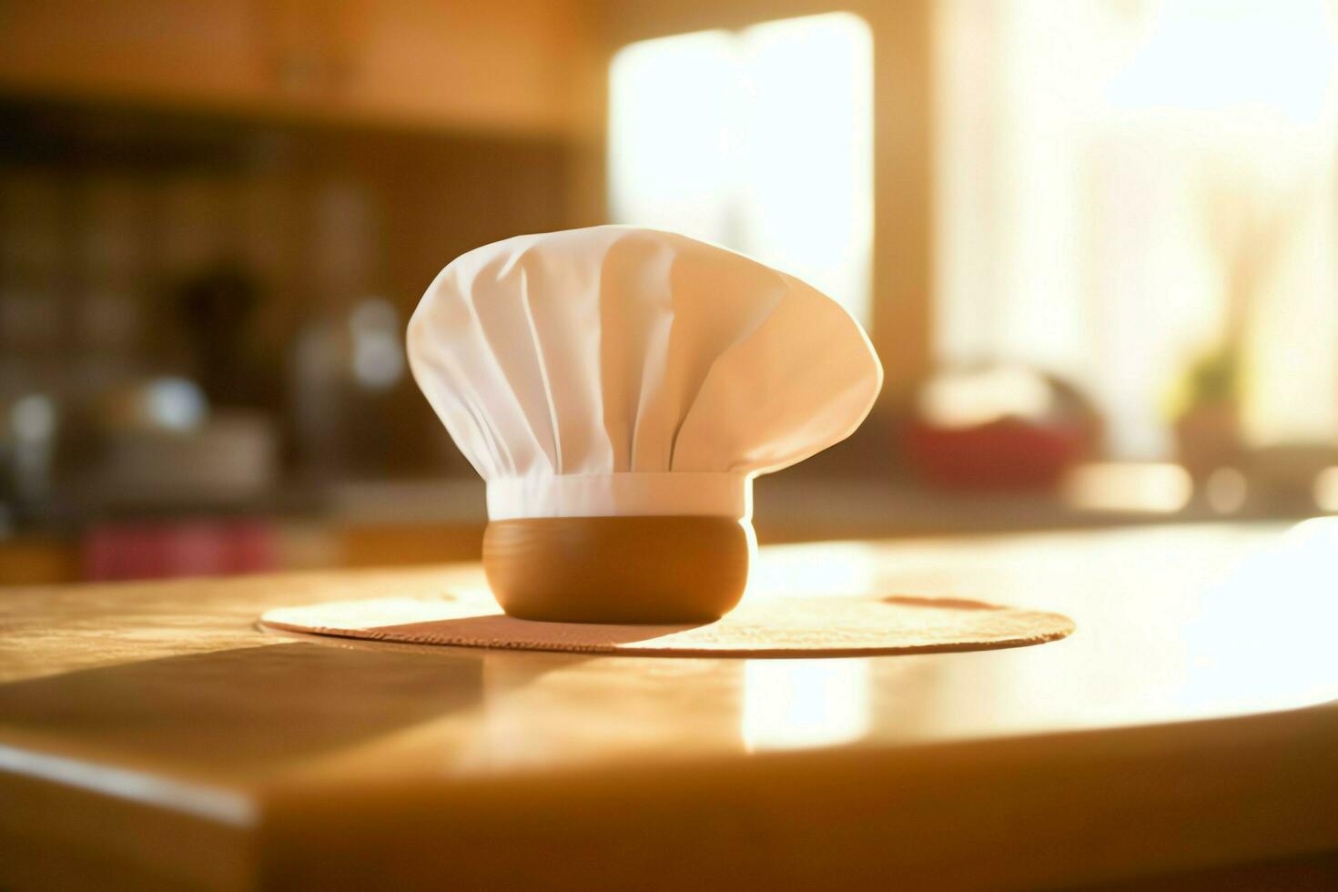 blanco cocinar sombrero en el cocina mesa y Copiar espacio para tu decoración. publicidad fotografía concepto por ai generado foto