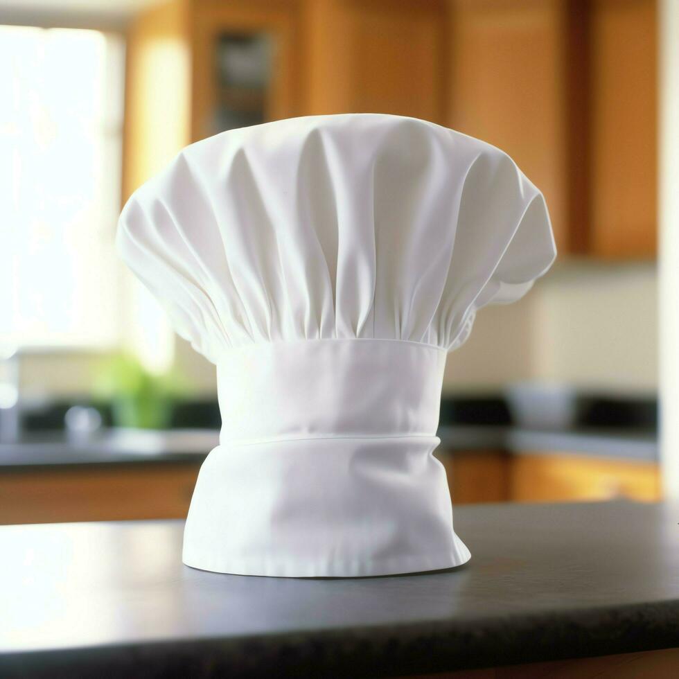 White cook hat in the kitchen table and copy space for your decoration. Advertising photography concept by AI Generated photo