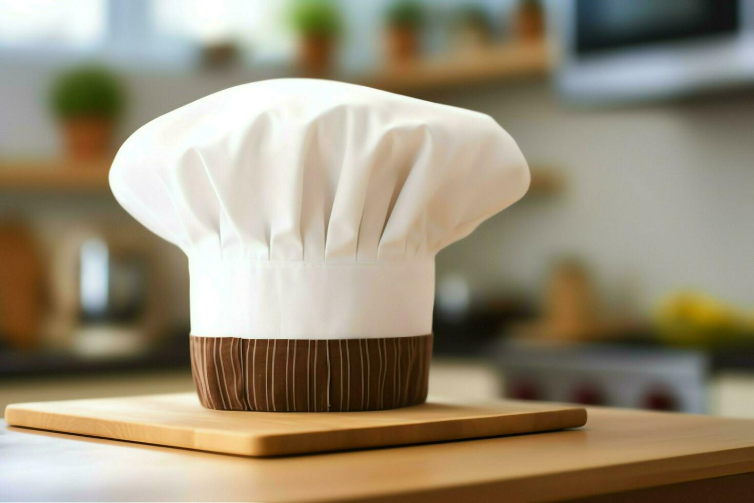 White cook hat in the kitchen table and copy space for your decoration. Advertising photography concept by AI Generated photo