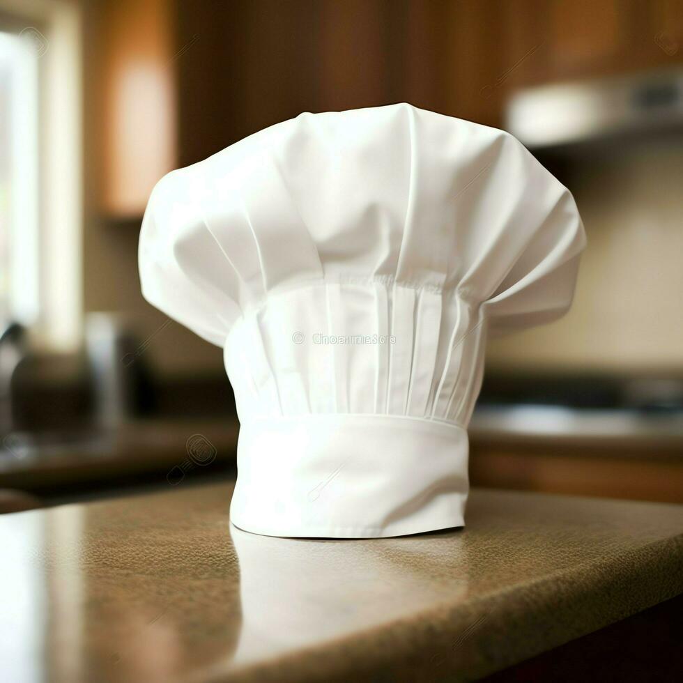 White cook hat in the kitchen table and copy space for your decoration. Advertising photography concept by AI Generated photo