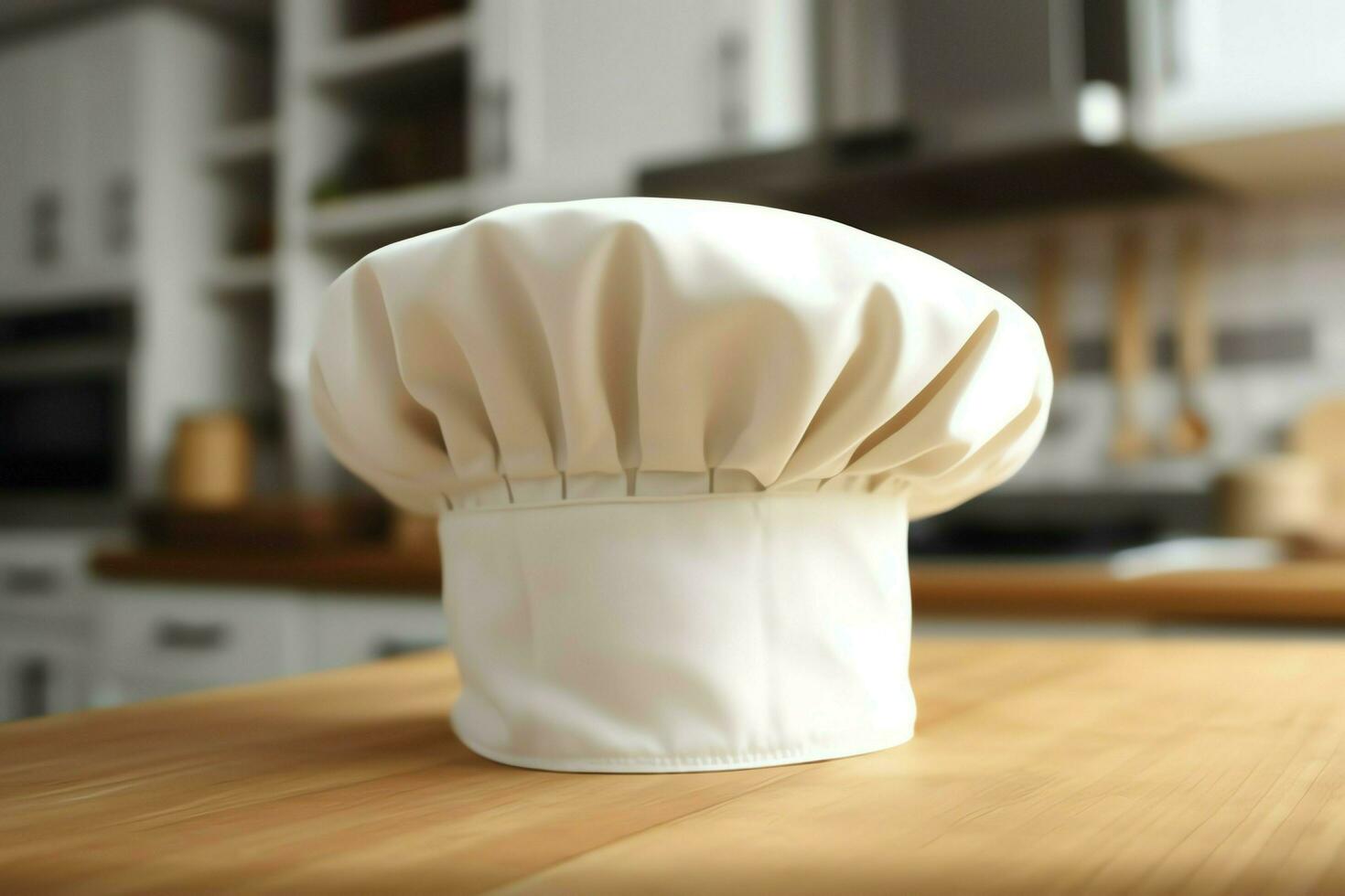 White cook hat in the kitchen table and copy space for your decoration. Advertising photography concept by AI Generated photo