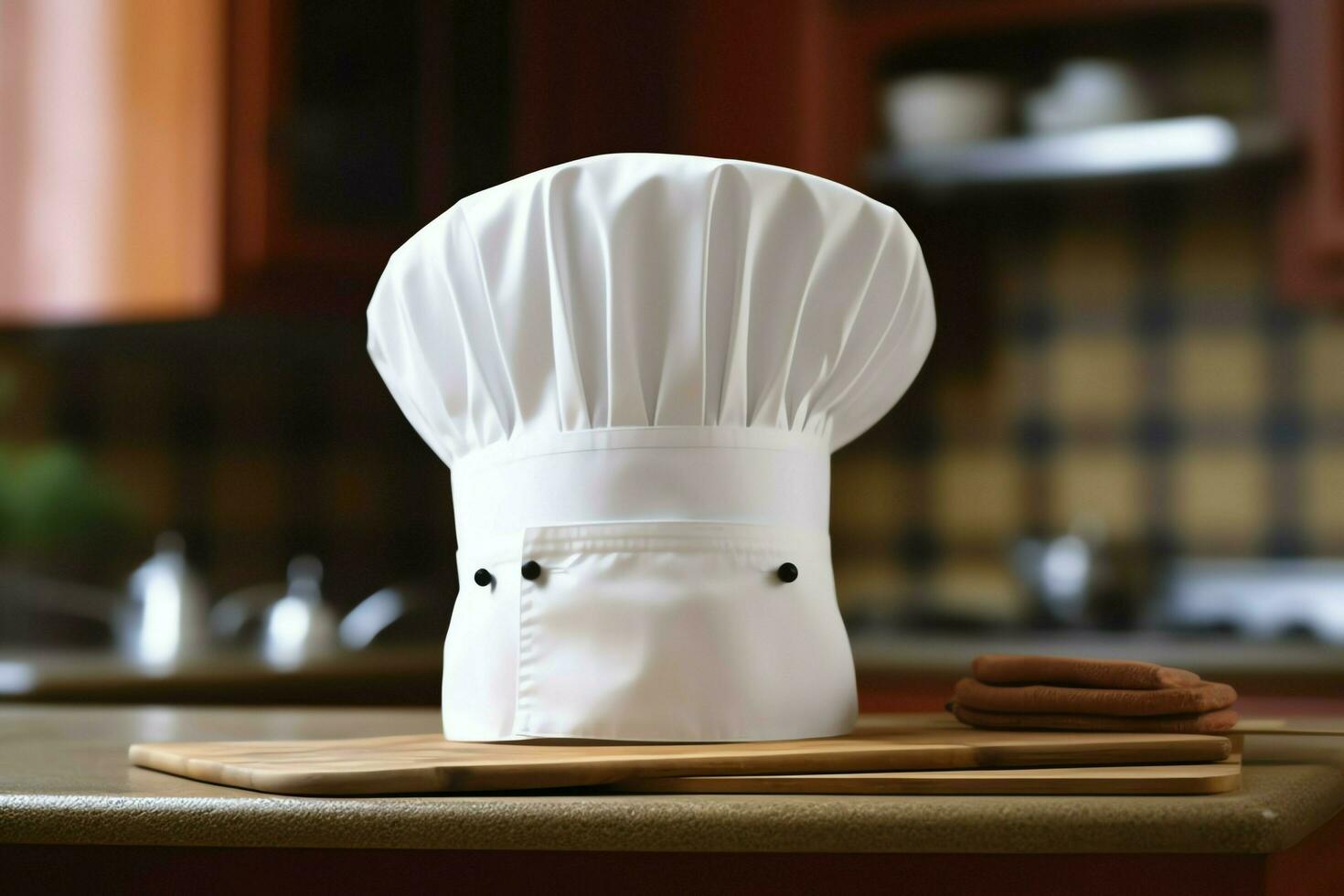 White cook hat in the kitchen table and copy space for your decoration. Advertising photography concept by AI Generated photo