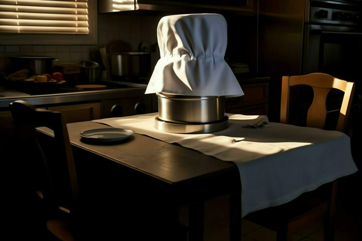 White cook hat in the kitchen table and copy space for your decoration. Advertising photography concept by AI Generated photo