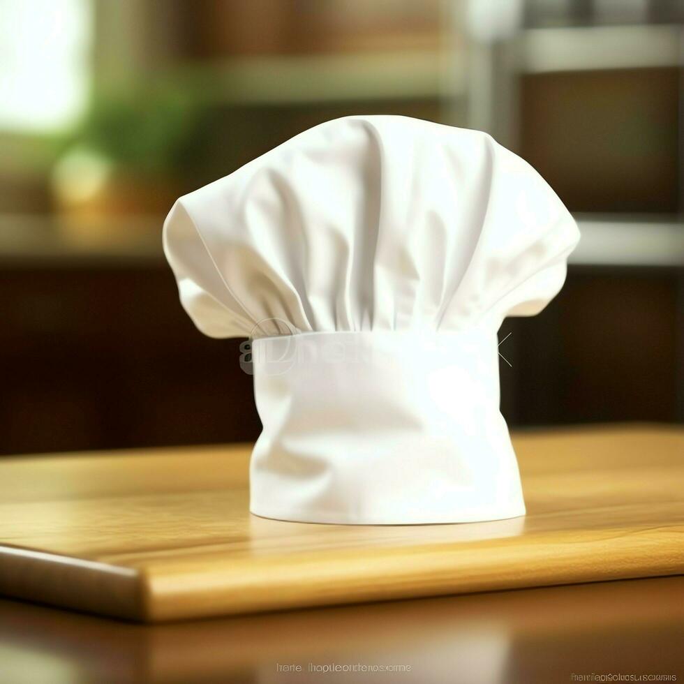 blanco cocinar sombrero en el cocina mesa y Copiar espacio para tu decoración. publicidad fotografía concepto por ai generado foto