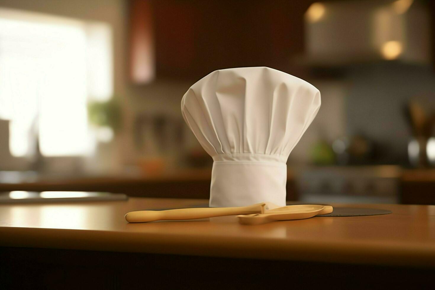White cook hat in the kitchen table and copy space for your decoration. Advertising photography concept by AI Generated photo