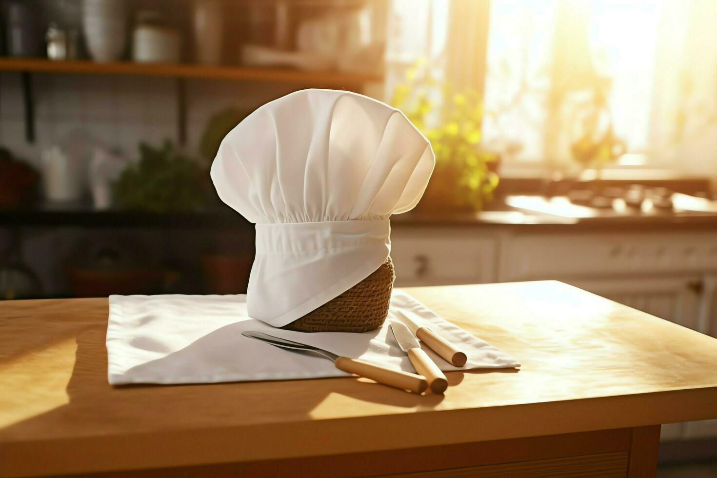 White cook hat in the kitchen table and copy space for your decoration. Advertising photography concept by AI Generated photo