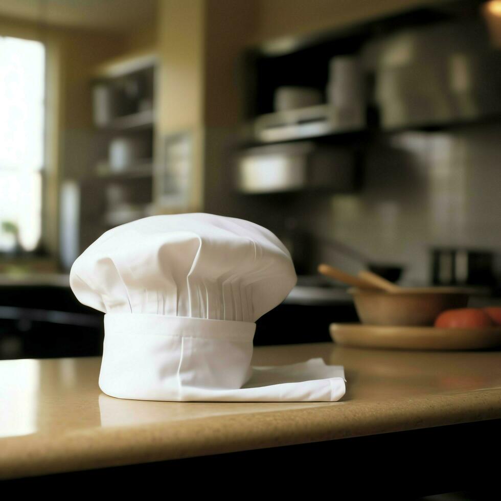 White cook hat in the kitchen table and copy space for your decoration. Advertising photography concept by AI Generated photo