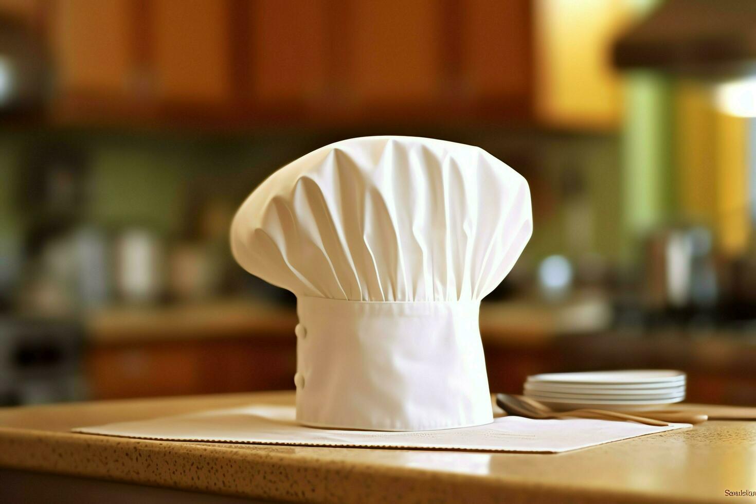 White cook hat in the kitchen table and copy space for your decoration. Advertising photography concept by AI Generated photo