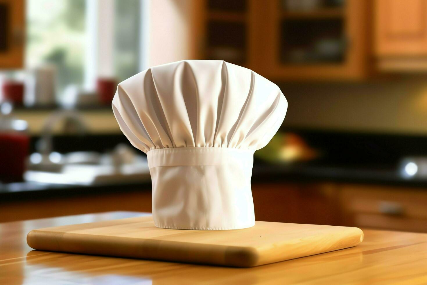 White cook hat in the kitchen table and copy space for your decoration. Advertising photography concept by AI Generated photo