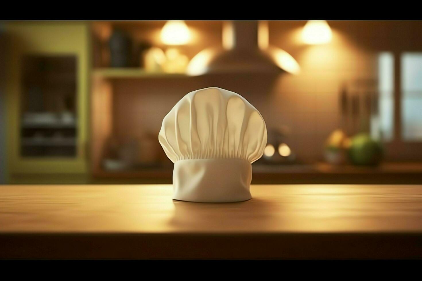 White cook hat in the kitchen table and copy space for your decoration. Advertising photography concept by AI Generated photo