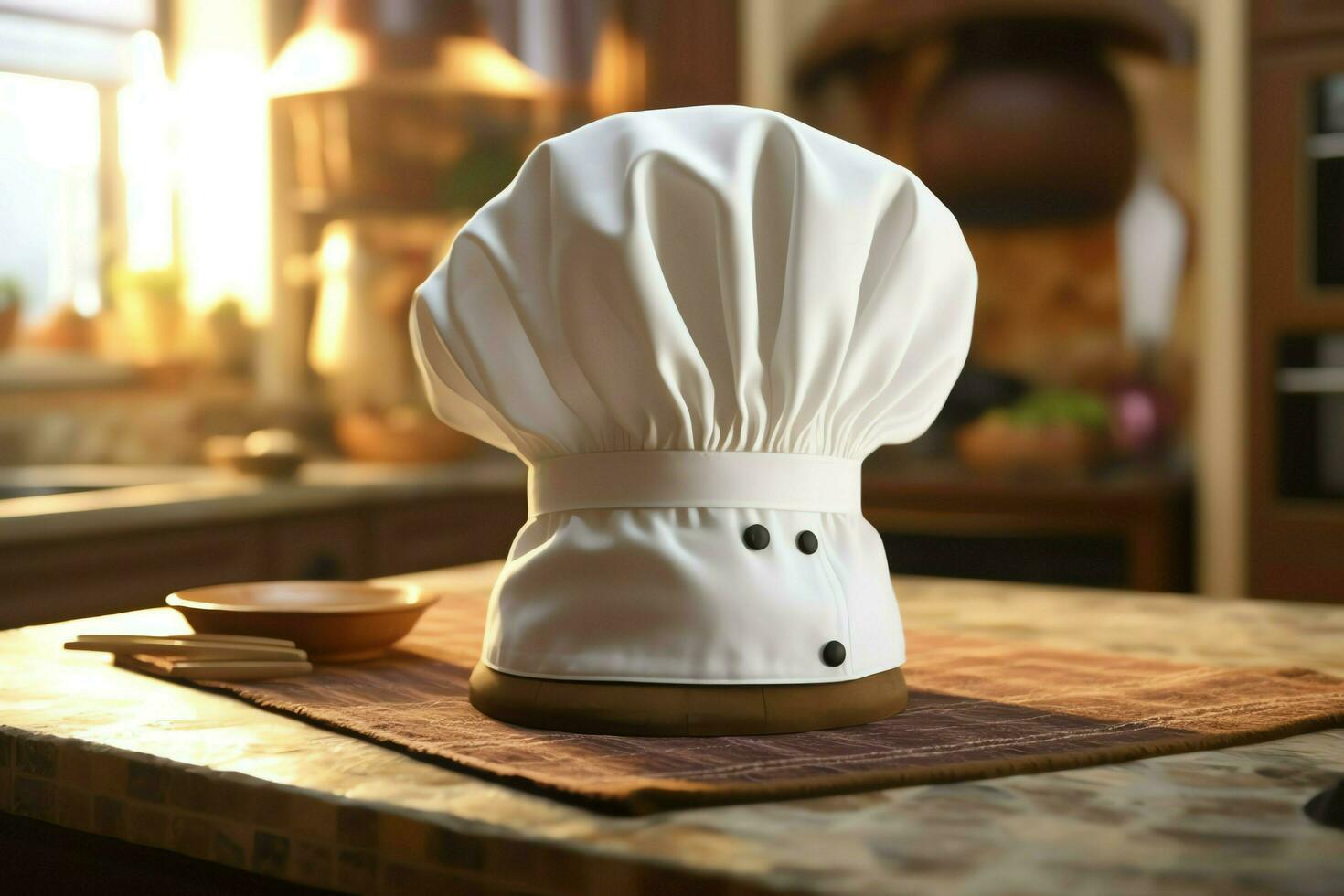 blanco cocinar sombrero en el cocina mesa y Copiar espacio para tu decoración. publicidad fotografía concepto por ai generado foto