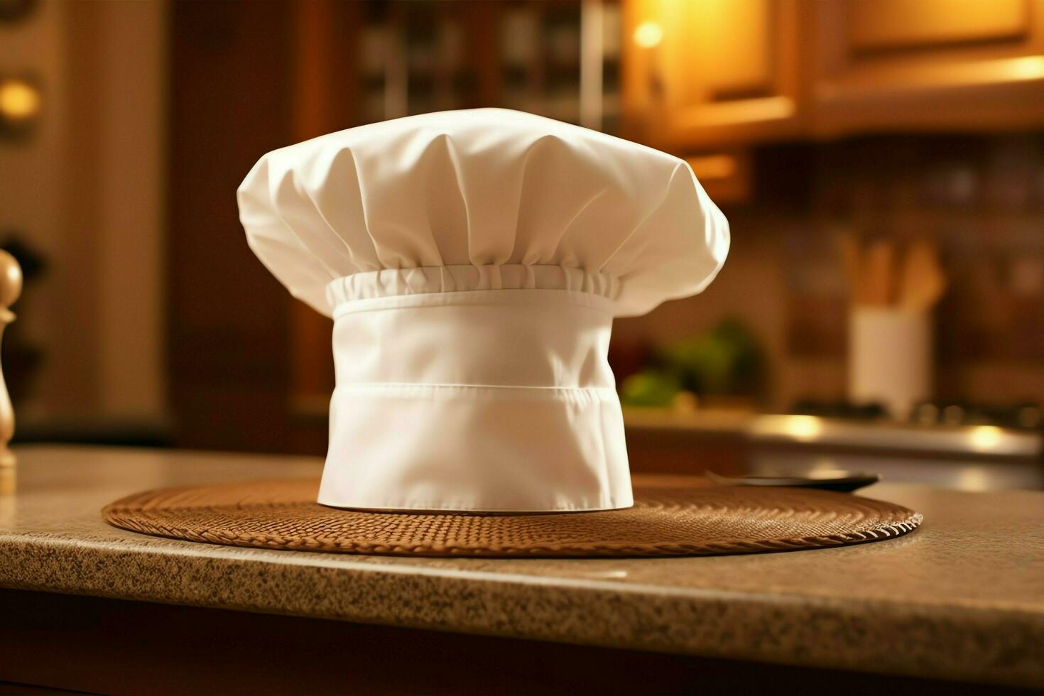 White cook hat in the kitchen table and copy space for your decoration. Advertising photography concept by AI Generated photo