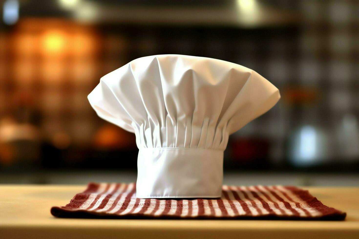 White cook hat in the kitchen table and copy space for your decoration. Advertising photography concept by AI Generated photo