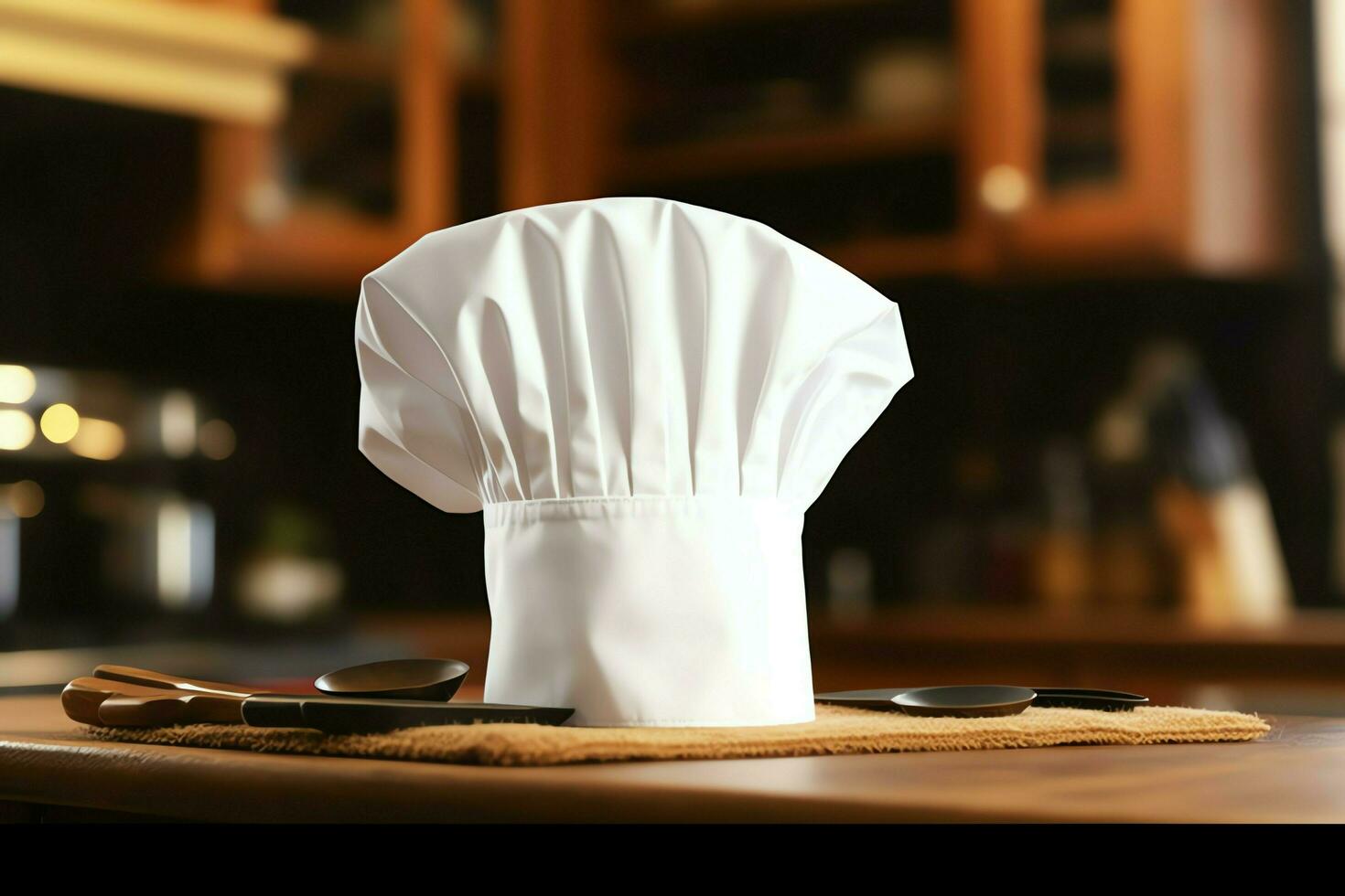 White cook hat in the kitchen table and copy space for your decoration. Advertising photography concept by AI Generated photo