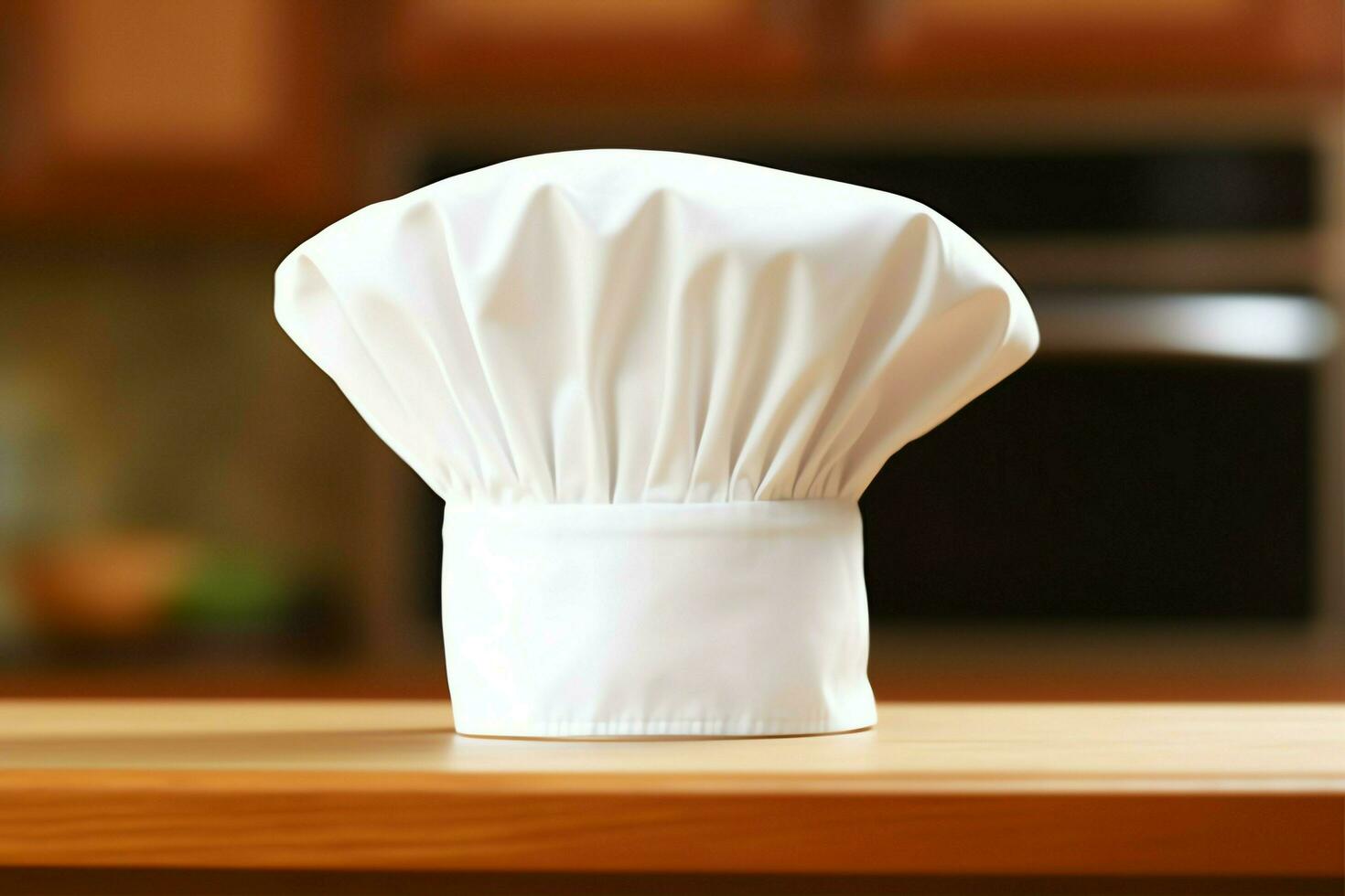 White cook hat in the kitchen table and copy space for your decoration. Advertising photography concept by AI Generated photo