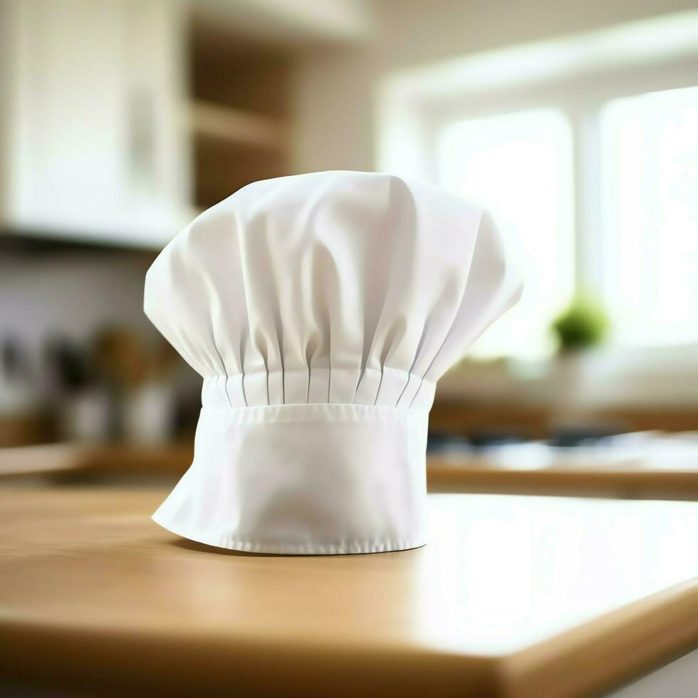 blanco cocinar sombrero en el cocina mesa y Copiar espacio para tu decoración. publicidad fotografía concepto por ai generado foto