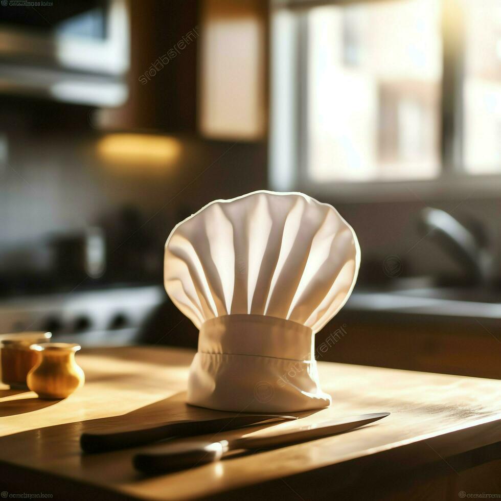 White cook hat in the kitchen table and copy space for your decoration. Advertising photography concept by AI Generated photo