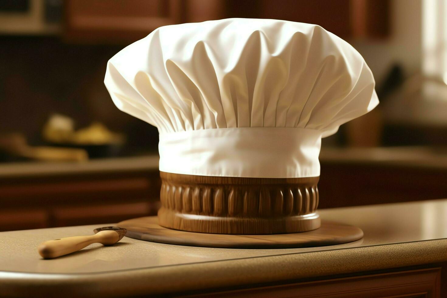 White cook hat in the kitchen table and copy space for your decoration. Advertising photography concept by AI Generated photo
