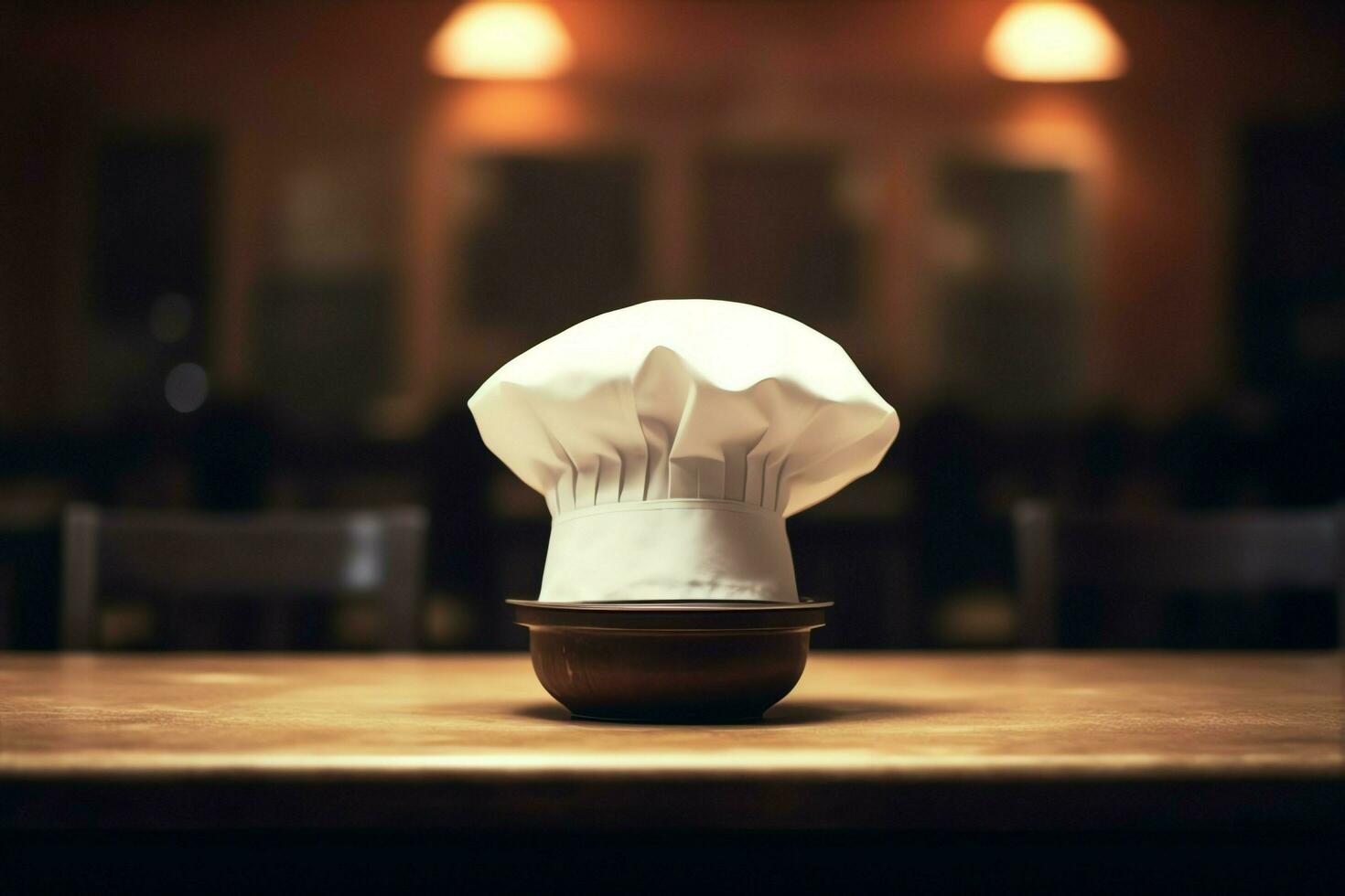 White cook hat in the kitchen table and copy space for your decoration. Advertising photography concept by AI Generated photo