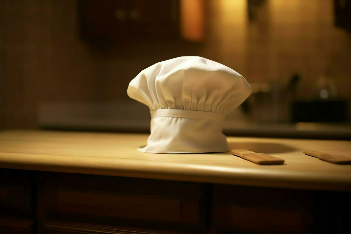 White cook hat in the kitchen table and copy space for your decoration. Advertising photography concept by AI Generated photo