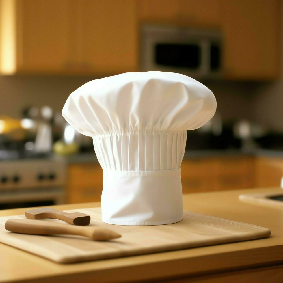 White cook hat in the kitchen table and copy space for your decoration. Advertising photography concept by AI Generated photo