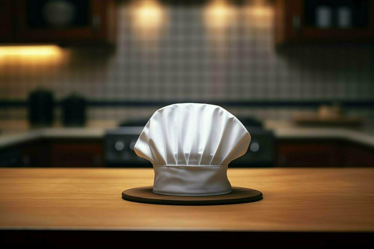 White cook hat in the kitchen table and copy space for your decoration. Advertising photography concept by AI Generated photo