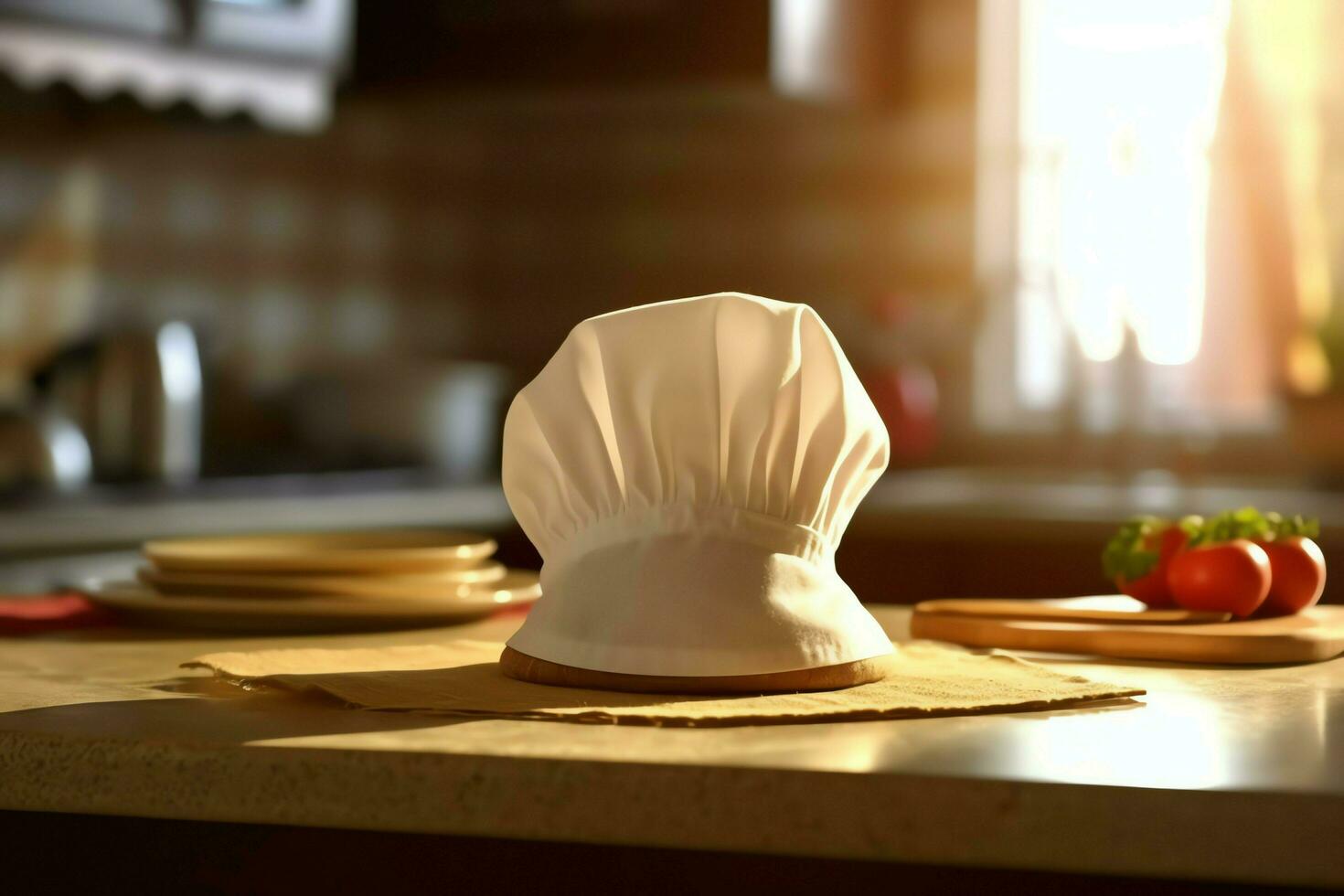 White cook hat in the kitchen table and copy space for your decoration. Advertising photography concept by AI Generated photo