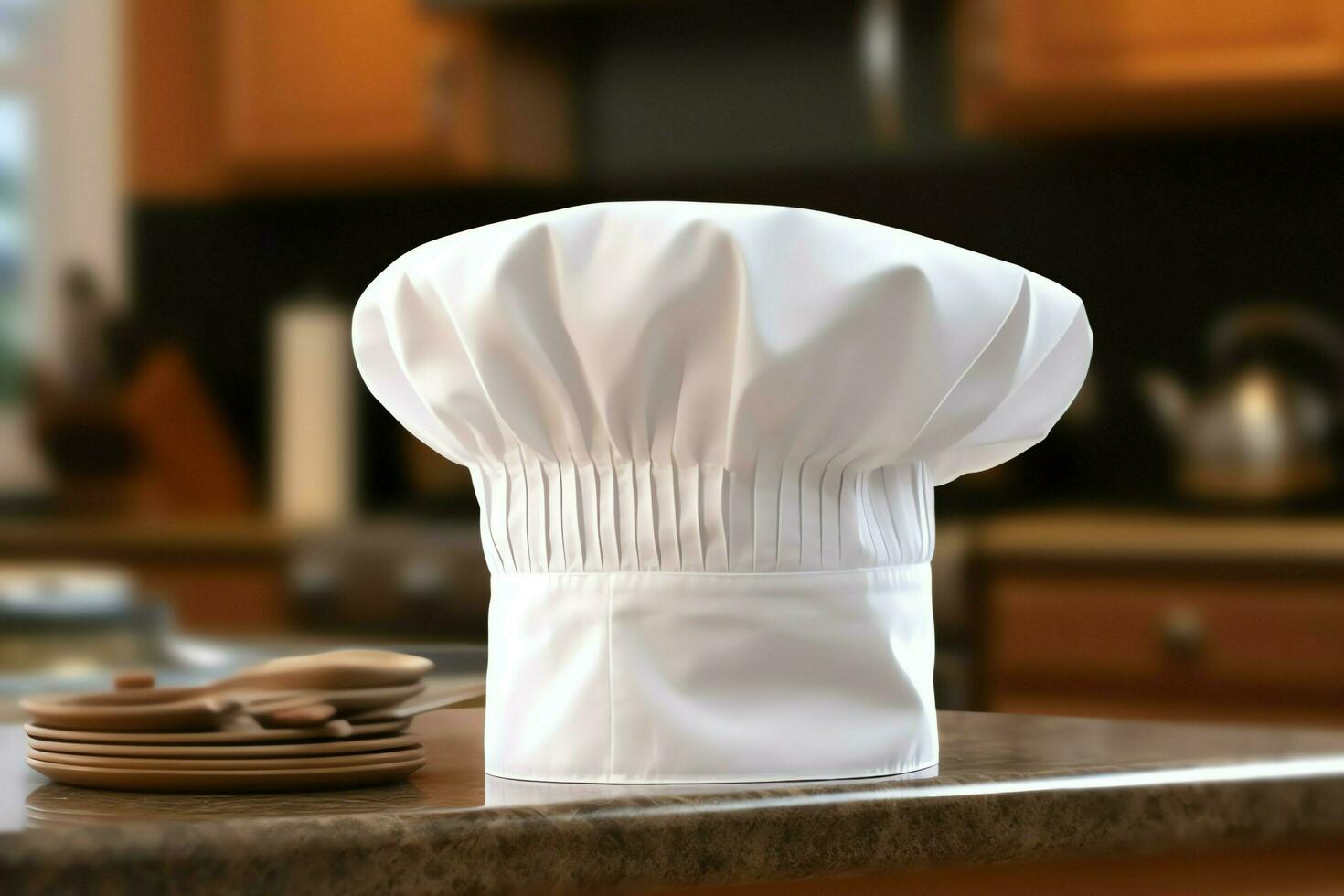 White cook hat in the kitchen table and copy space for your decoration. Advertising photography concept by AI Generated photo