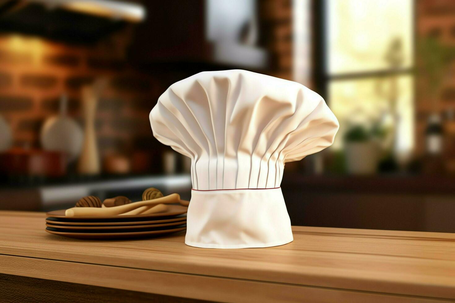 White cook hat in the kitchen table and copy space for your decoration. Advertising photography concept by AI Generated photo