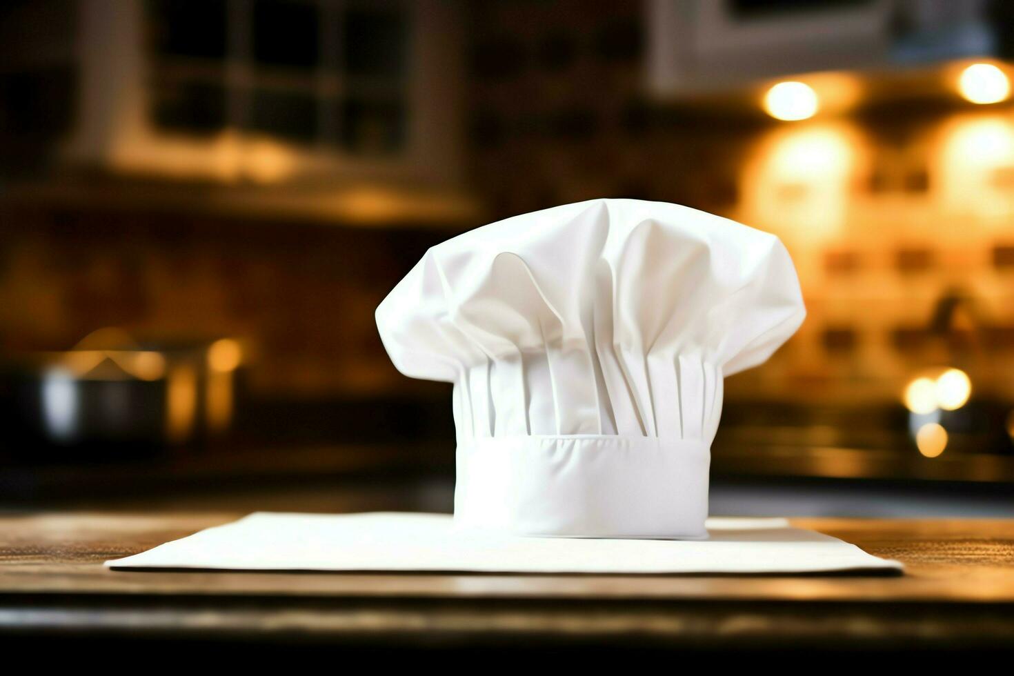 White cook hat in the kitchen table and copy space for your decoration. Advertising photography concept by AI Generated photo