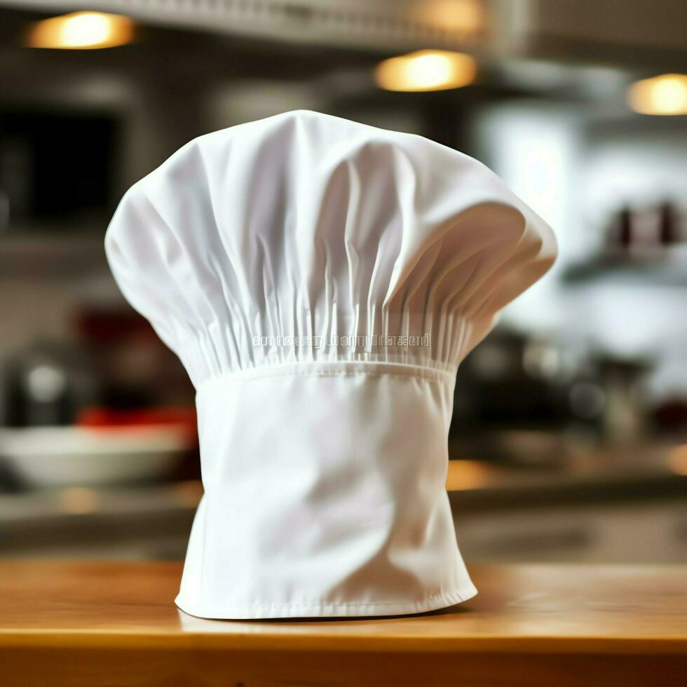 White cook hat in the kitchen table and copy space for your decoration. Advertising photography concept by AI Generated photo