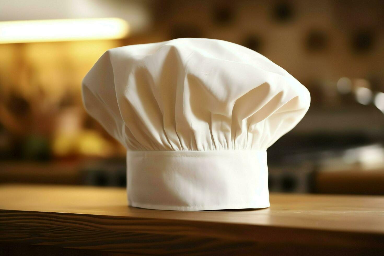 White cook hat in the kitchen table and copy space for your decoration. Advertising photography concept by AI Generated photo