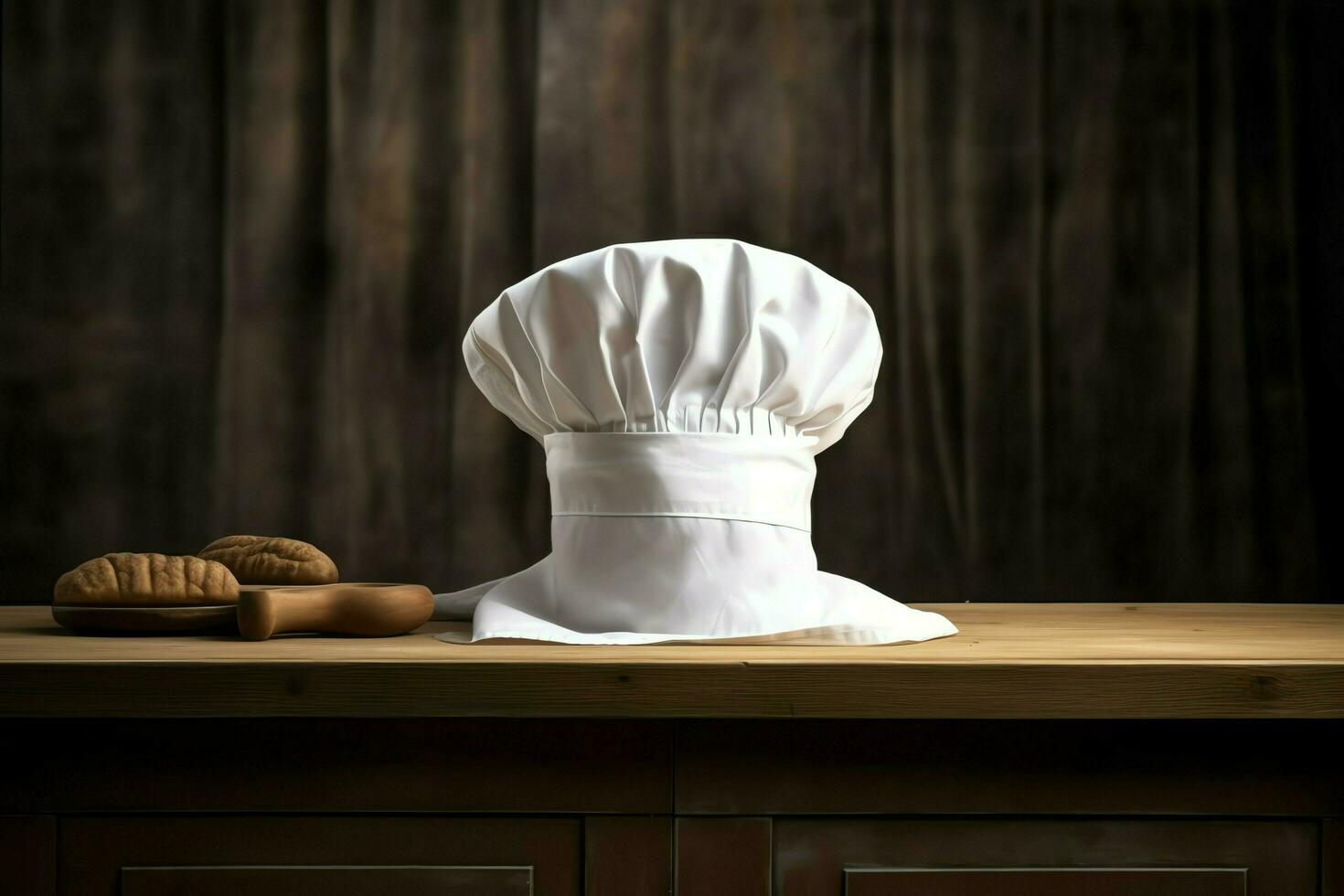 blanco cocinar sombrero en el cocina mesa y Copiar espacio para tu decoración. publicidad fotografía concepto por ai generado foto