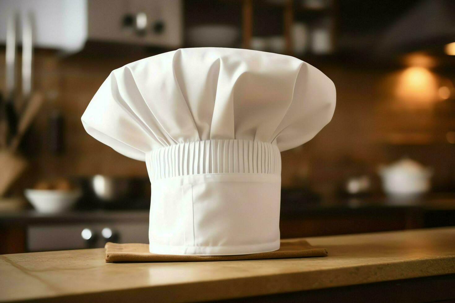 White cook hat in the kitchen table and copy space for your decoration. Advertising photography concept by AI Generated photo