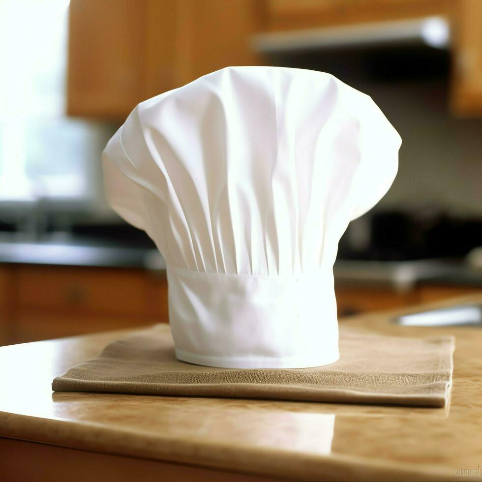 White cook hat in the kitchen table and copy space for your decoration. Advertising photography concept by AI Generated photo