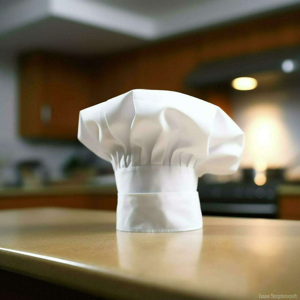 White cook hat in the kitchen table and copy space for your decoration. Advertising photography concept by AI Generated photo