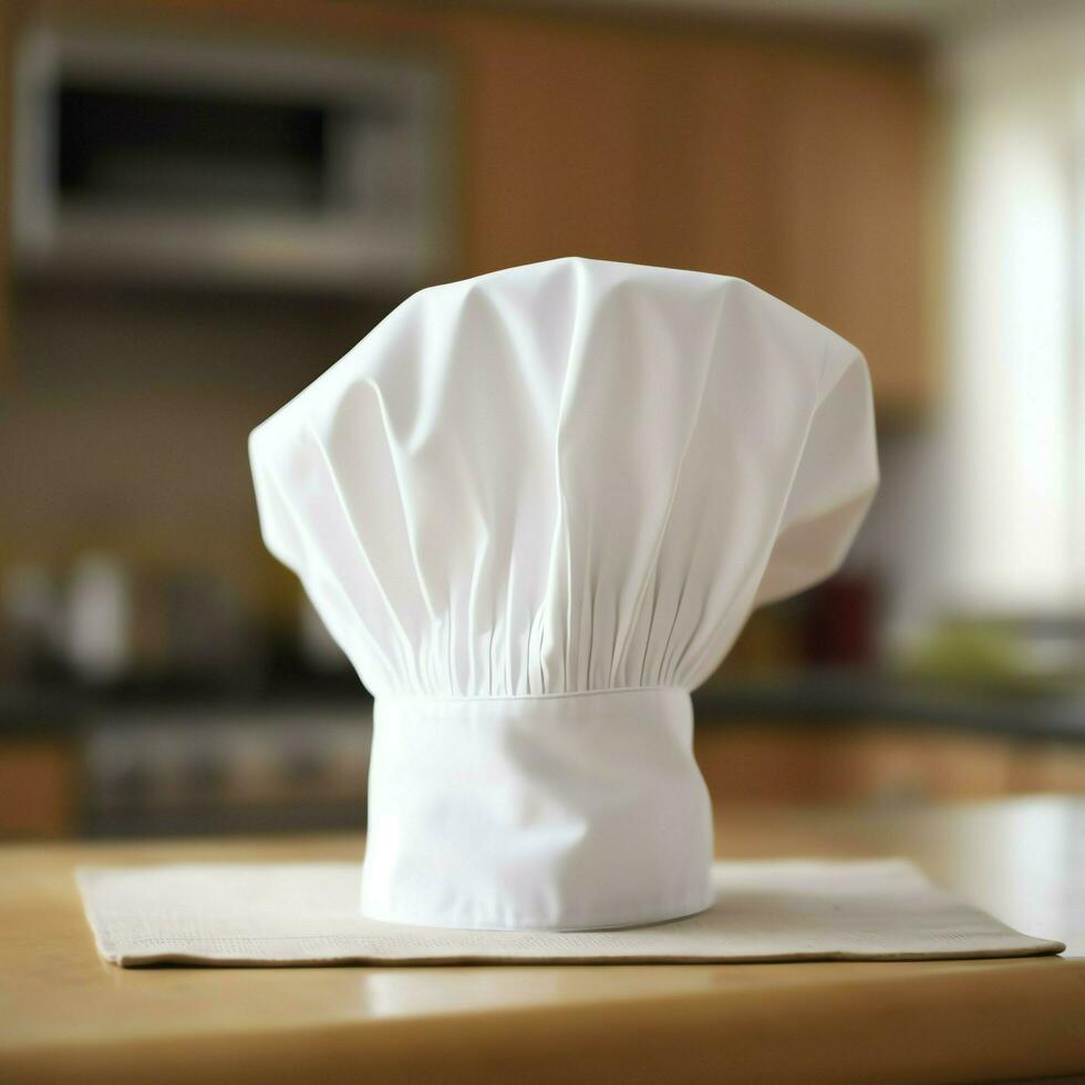 White cook hat in the kitchen table and copy space for your decoration. Advertising photography concept by AI Generated photo