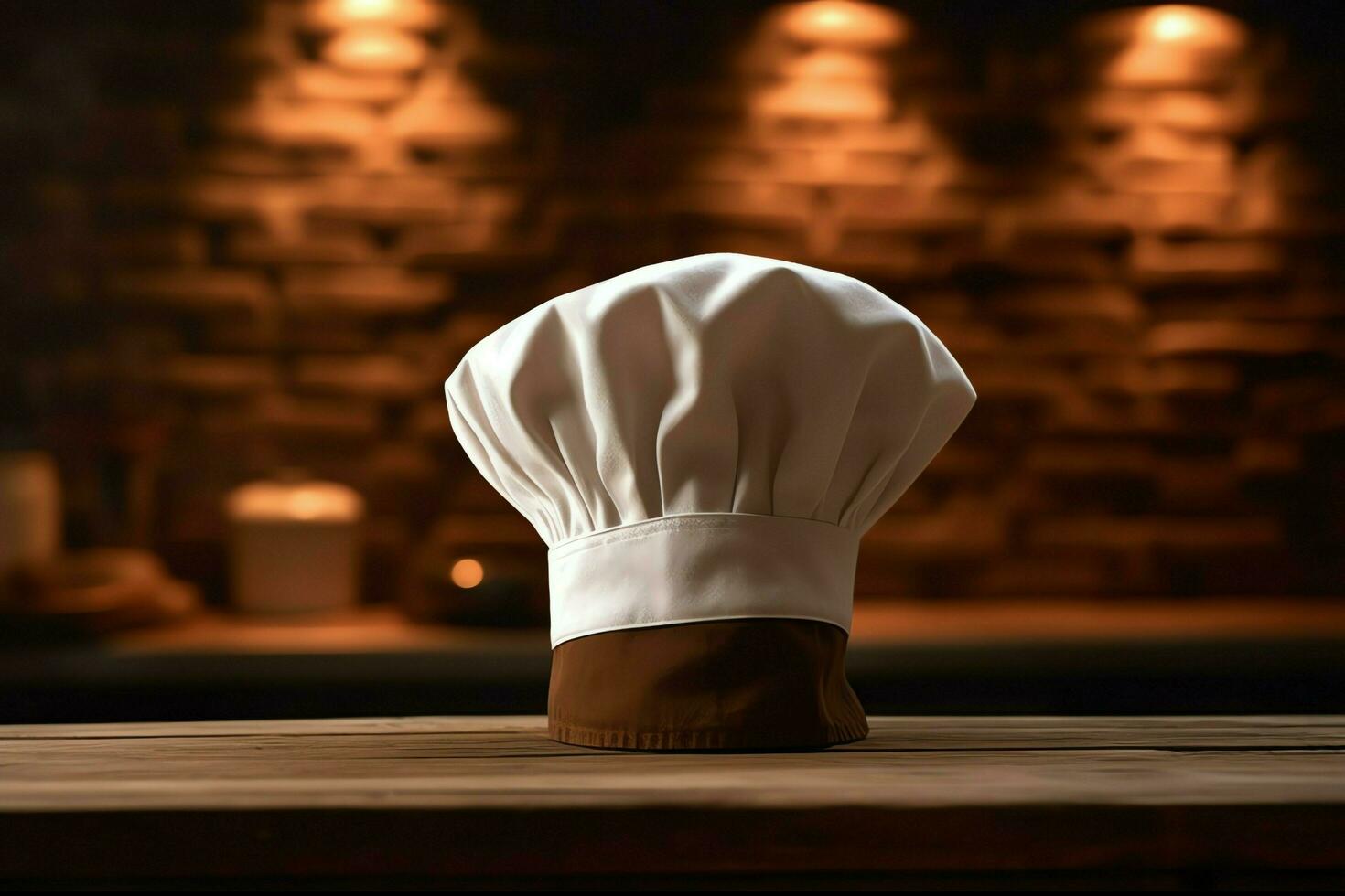 White cook hat in the kitchen table and copy space for your decoration. Advertising photography concept by AI Generated photo