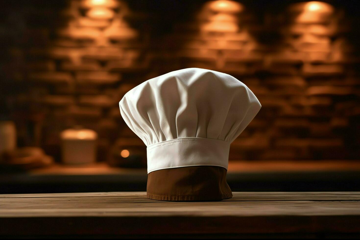 blanco cocinar sombrero en el cocina mesa y Copiar espacio para tu decoración. publicidad fotografía concepto por ai generado foto