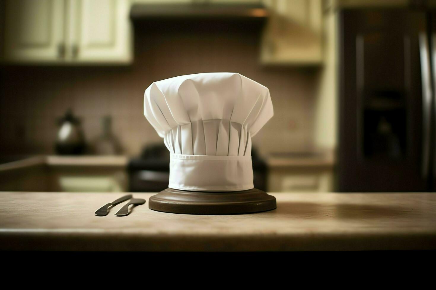 White cook hat in the kitchen table and copy space for your decoration. Advertising photography concept by AI Generated photo