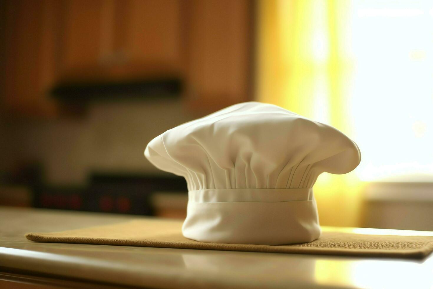 White cook hat in the kitchen table and copy space for your decoration. Advertising photography concept by AI Generated photo
