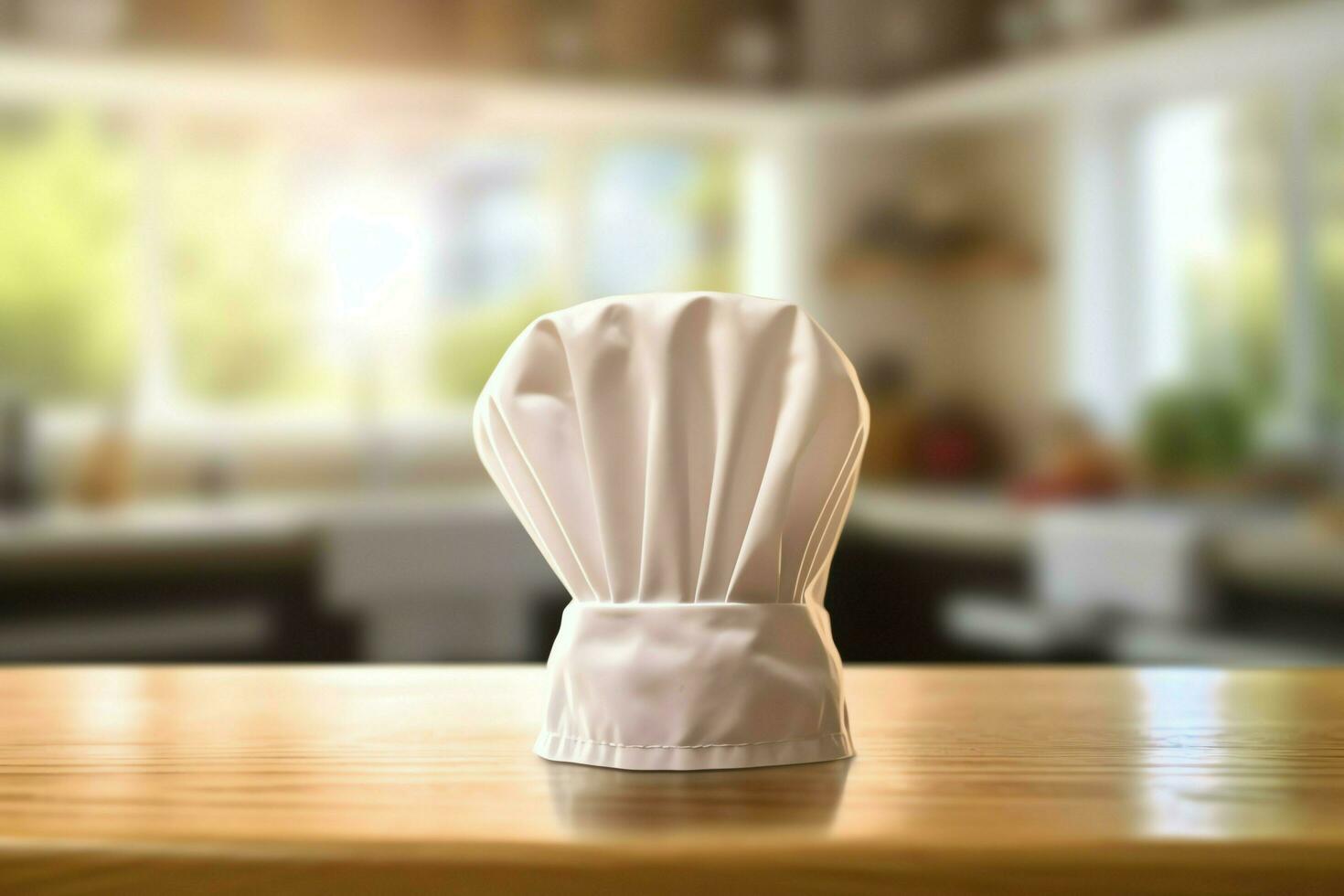 White cook hat in the kitchen table and copy space for your decoration. Advertising photography concept by AI Generated photo