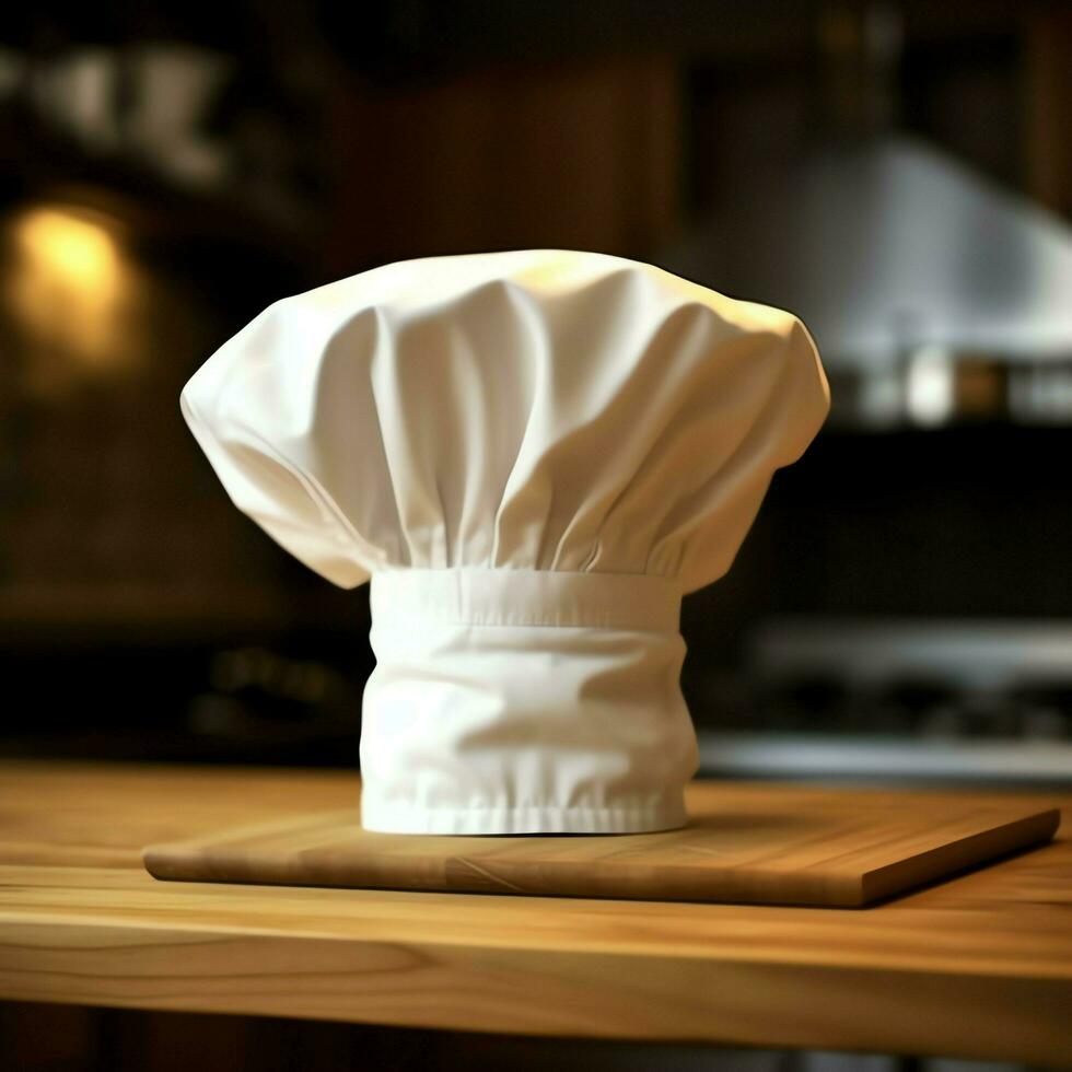 White cook hat in the kitchen table and copy space for your decoration. Advertising photography concept by AI Generated photo