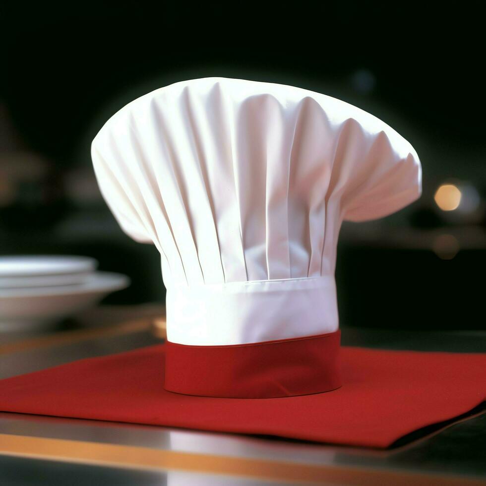 White cook hat in the kitchen table and copy space for your decoration. Advertising photography concept by AI Generated photo