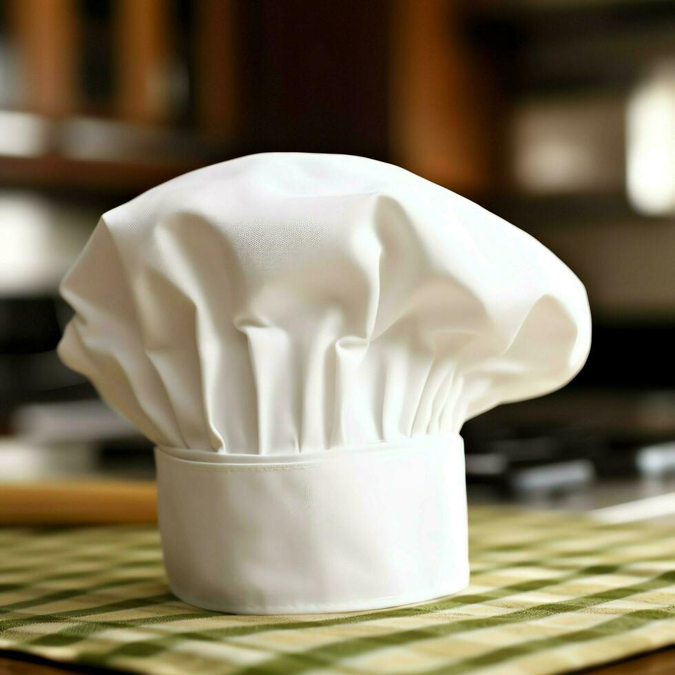 White cook hat in the kitchen table and copy space for your decoration. Advertising photography concept by AI Generated photo