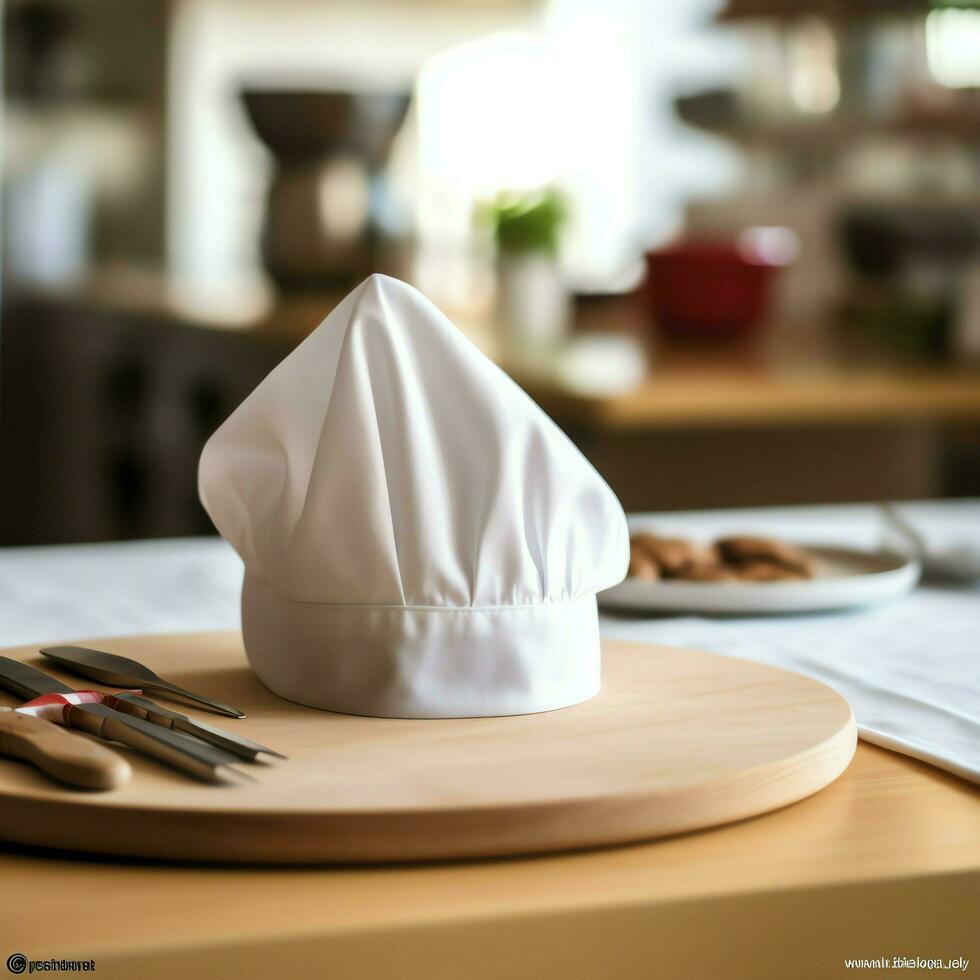 White cook hat in the kitchen table and copy space for your decoration. Advertising photography concept by AI Generated photo