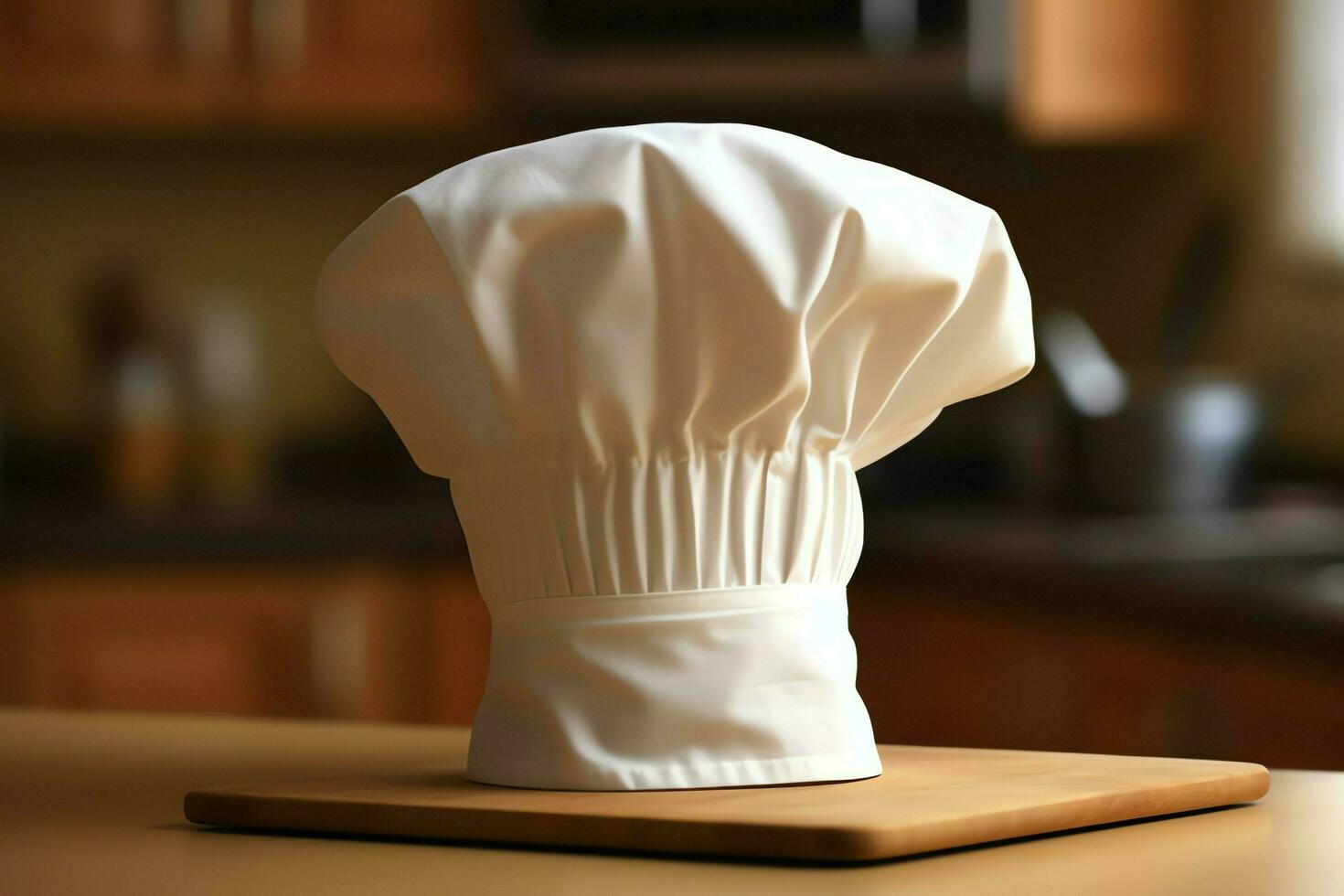 White cook hat in the kitchen table and copy space for your decoration. Advertising photography concept by AI Generated photo